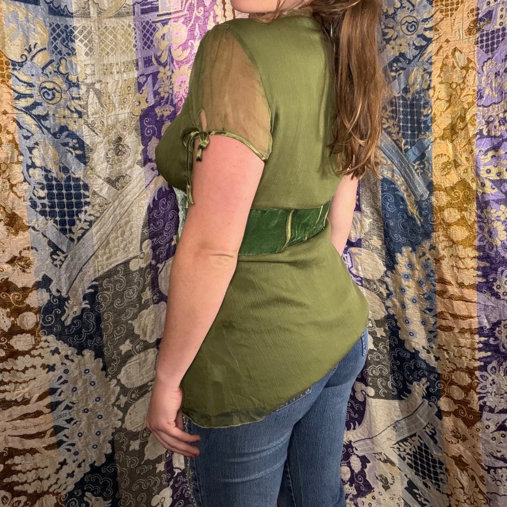 Silk Green Velvet Lace Up Corset Renfair Goth Fairy Babydoll Blouse Size XL - Picture 14 of 14